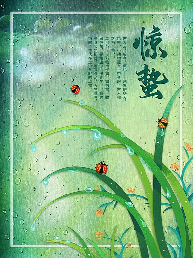惊蛰二十四节气雨水舂分绿色昆虫海报