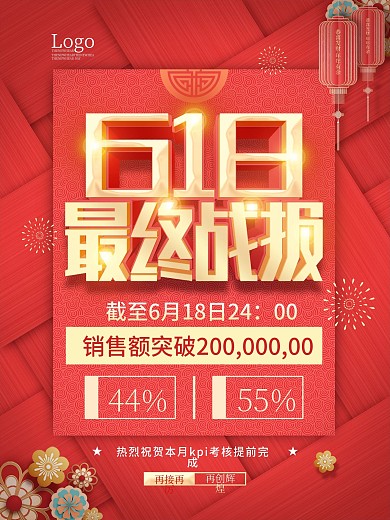 红色喜庆618销售战报喜报海报