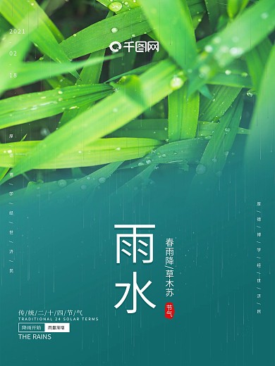 二十四节气雨水清新绿色植物简约海报