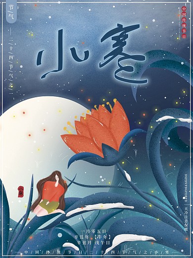 原创插画唯美梦幻星光夜晚小寒节气节日海报