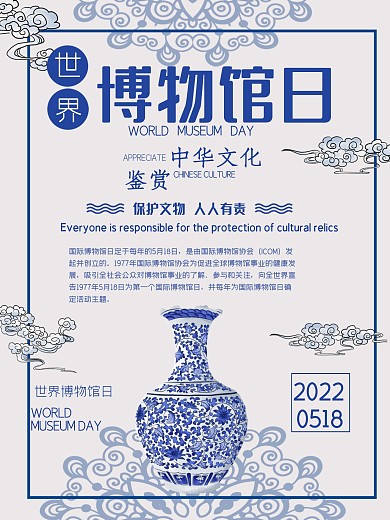 中国风青花色调世界博物馆日宣传海报