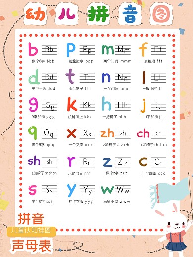 粉色小清新可爱幼儿拼音汉字认知挂图