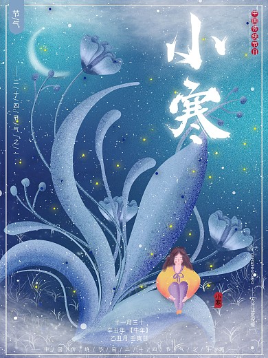 原创插画梦幻唯美夜晚星空小寒节日节气海报
