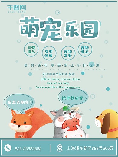 清新薄荷绿宠物促销海报