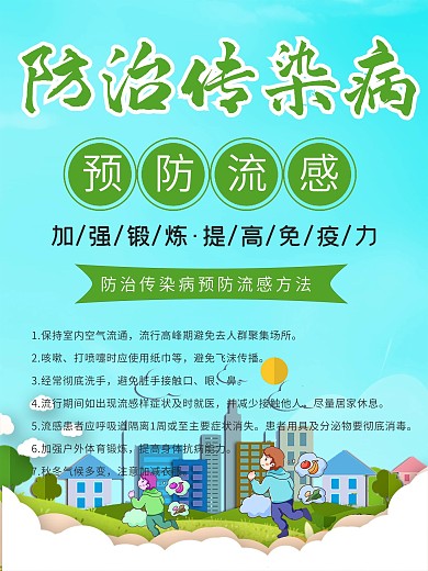 蓝色简约防治传染病预防流感海报