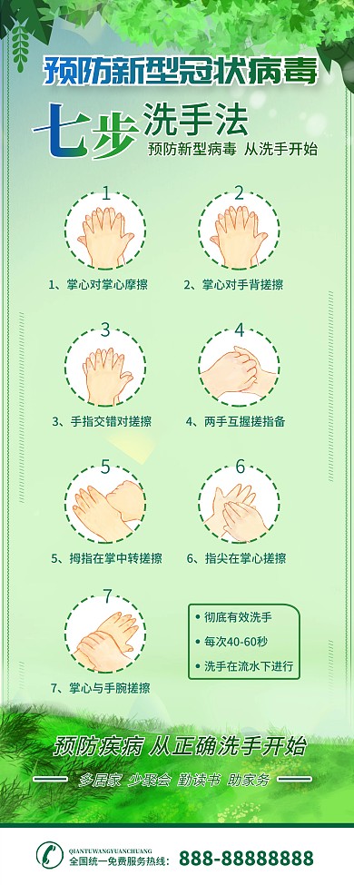 原创简约绿色小清新7步洗手法预防冠状病