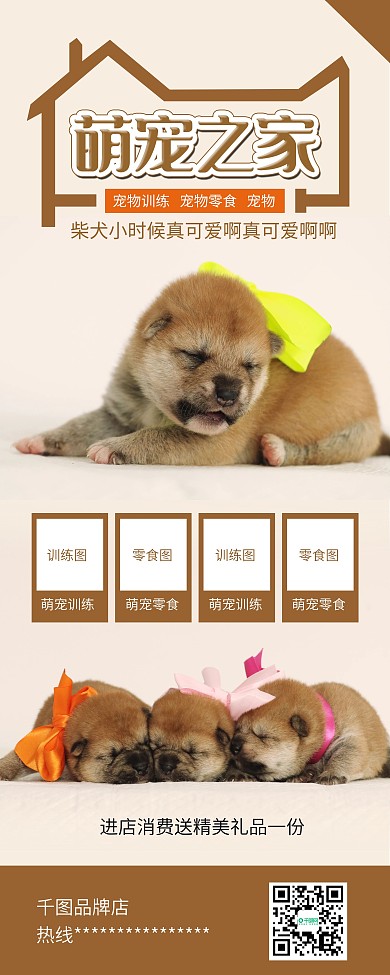 时尚简约幼柴犬宠物店宣传易拉宝X展架