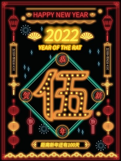 原创复古风霓虹灯倒计时新年海报鼠年海报