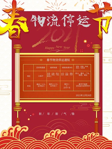 电商牛年春节物流停运通知海报