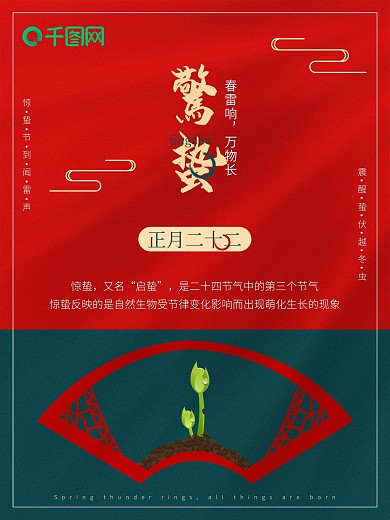 中国传统节日二十四节气惊蛰红色海报