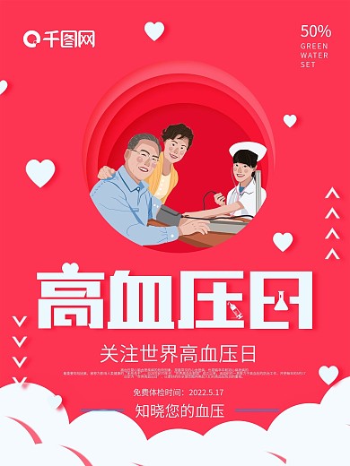 红色剪纸风格世界高血压日公益海报