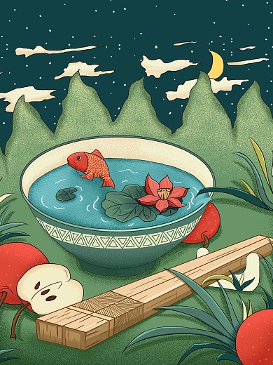鲤鱼荷花苹果山水夜景插画原创