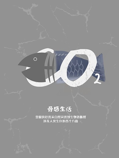 灰色创意鱼骨全球变暖公益海报