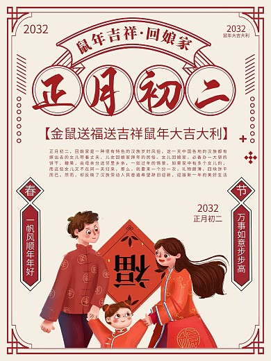 新年鼠年春节传统文化节日初二回娘家海报