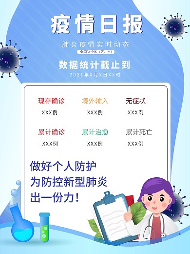 蓝色简约新型肺炎数据统计疫情日报