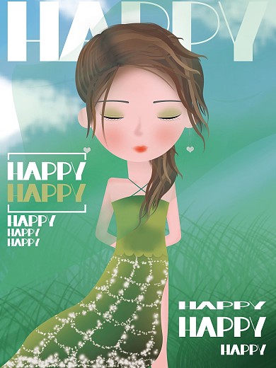 原创小清新绿色女孩插画海报