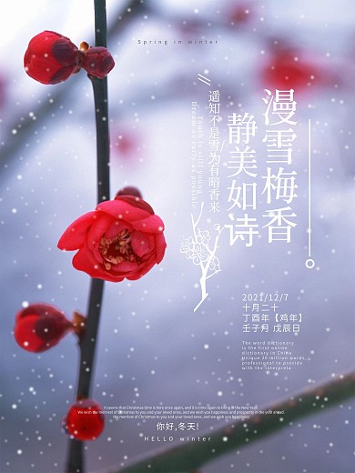 唯美清新简约漫雪梅香静美如诗文艺宣传海报