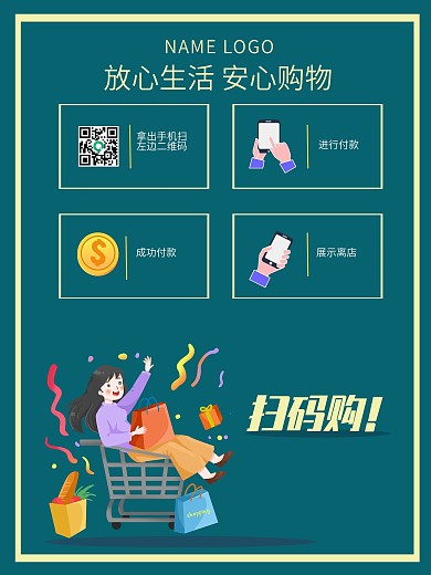 绿色简约超市连锁店扫码购流程介绍海报