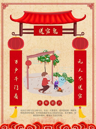 春节新年习俗正月初六送穷鬼中国风海报