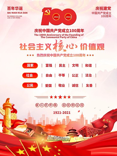 社会主义核心价值观建党100周年党建海报