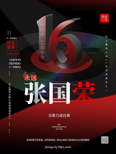 原创黑色张国荣16周年纪念日海报
