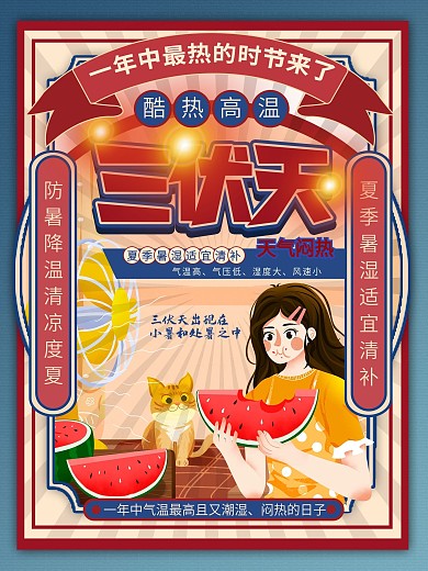 创意复古风日历三伏天节日海报