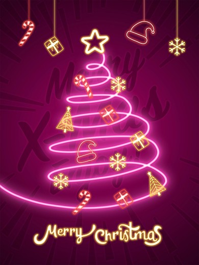 霓虹荧光圣诞节海报炫彩灯光平安夜圣诞树