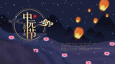原创手绘荷花灯中元节七月十五节日展板