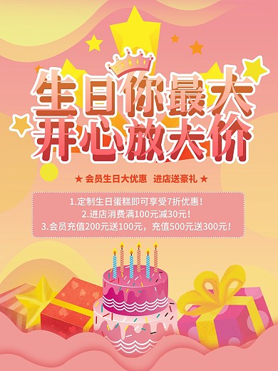 蛋糕店促销会员生日活动橙粉色海报