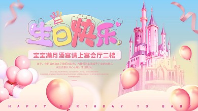 宝宝宴生日快乐立体字梦幻城堡背景展板设计