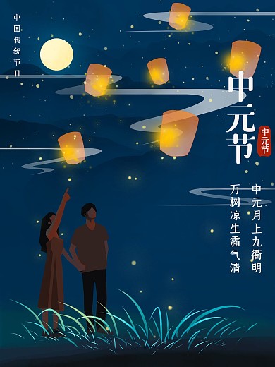 星空孔明灯传统节日中元节海报