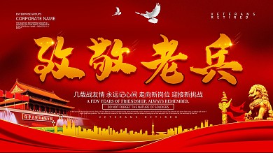 红色大气致敬老兵党建展板设计