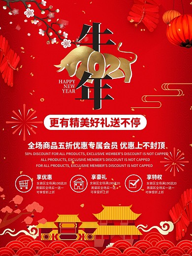 原创新年牛年元旦红色中国风2021海报