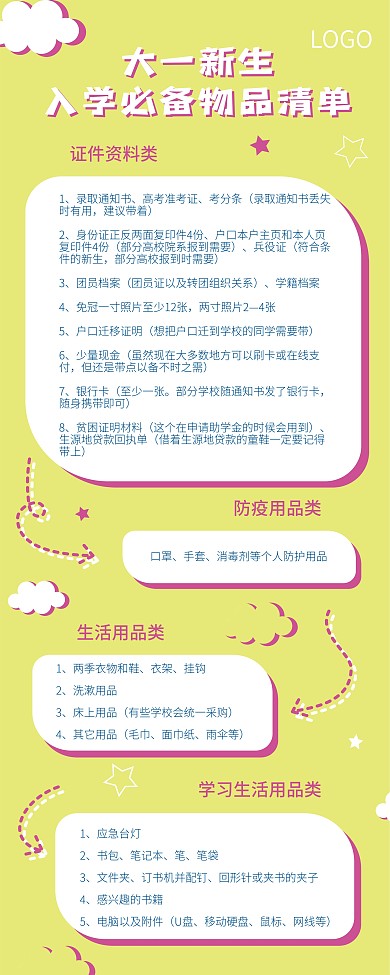 大一新生入学必备物品清单易拉宝