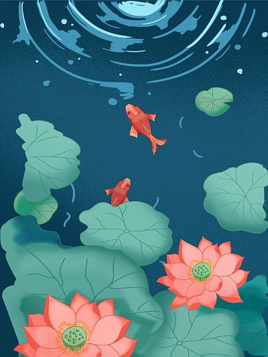 蓝色荷塘红色鲤鱼荷花荷叶原创