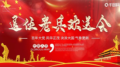 红色简约老兵退伍欢送会党建展板