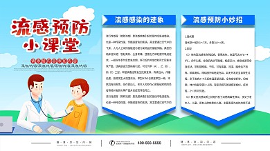 简约蓝色卡通流感预防小课堂宣传展板