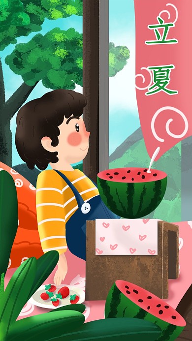 夏天小男孩吃西瓜插画