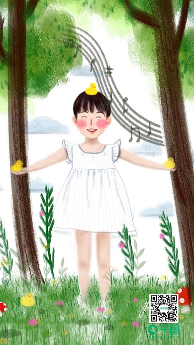 黄色小鸭连衣裙可爱女孩原创手机壁纸