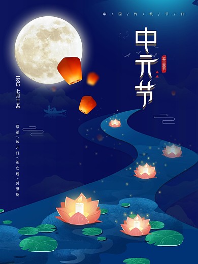 七月十四中元节节日海报展板