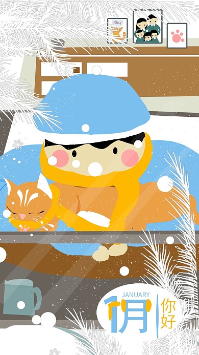 1月你好冬天下雪抱着睡着猫咪暖冬小清新