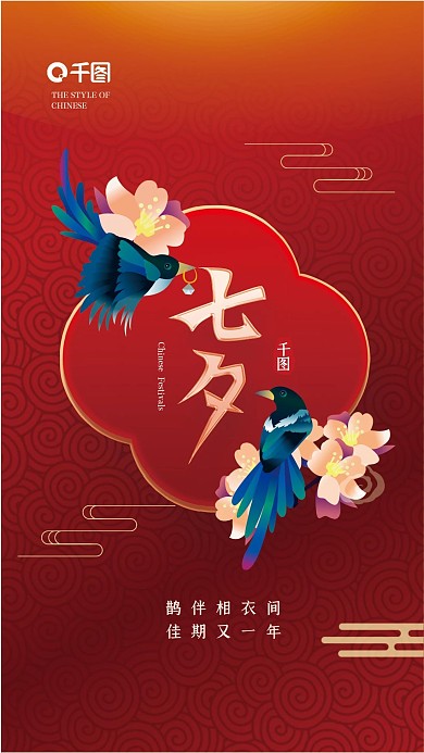 原创矢量国潮大气简约中国风七夕节手机海报