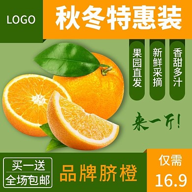 电商淘宝秋冬特惠脐橙绿色简约主图psd