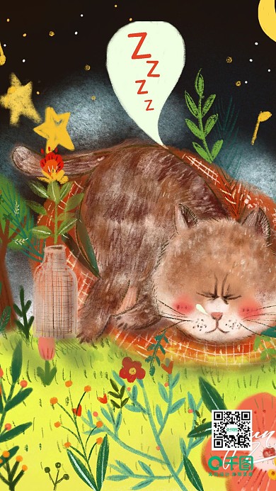可爱猫咪睡觉花园原创手机壁纸