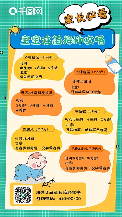 宝宝疫苗接种攻略时尚卡通风手机海报