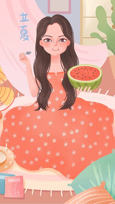 立夏女孩室内吃西瓜