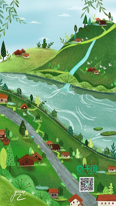 绿色清新房屋手绘原创手机壁纸