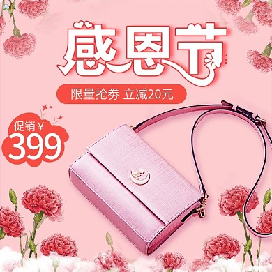 粉色唯美花朵背景感恩节箱包促销主图钻展