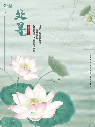 二十四节气处暑水墨荷花花朵夏天荷叶海报