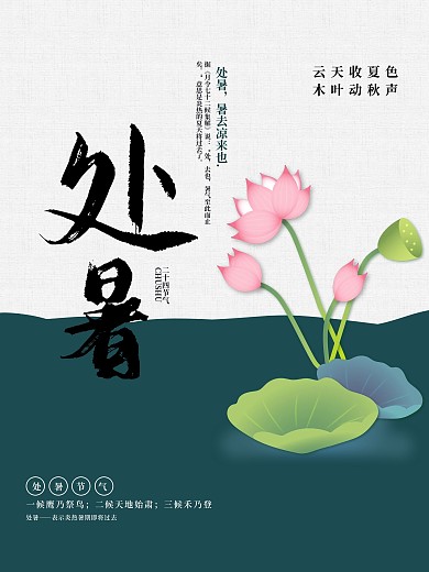 二十四节气处暑手绘荷花海报